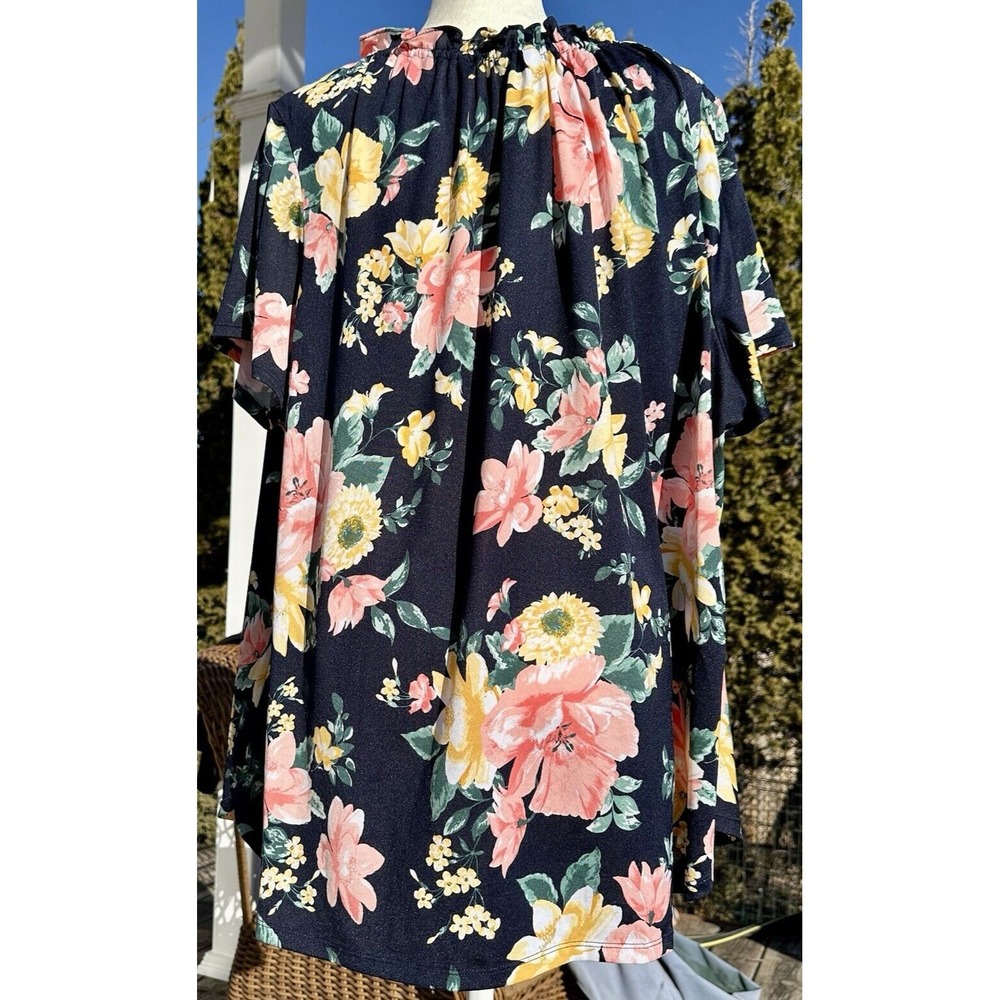 Croft & Barrow Floral Peasant Top Women's Size 3X Navy Short Sleeve Cottagecore - Picture 2 of 7